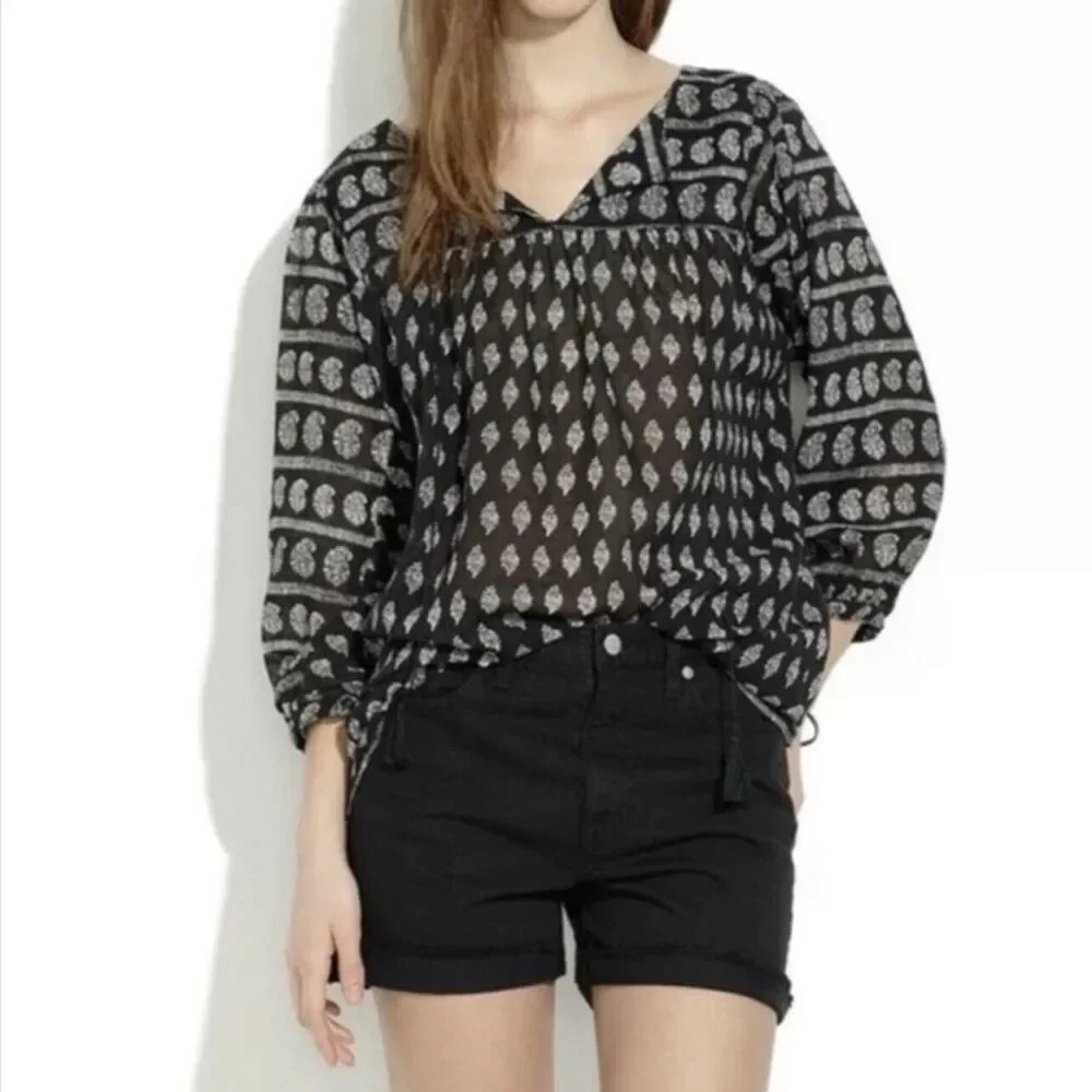 Madewell Black White‎ Bohemian Paisley Blouse Long Sleeve XS